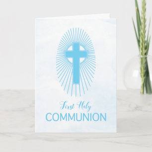 Tarjeta Cruz de Primera Comunión Niño Azul Rayos Hostia