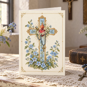 Tarjeta Cruz floral católica vintage floral mariana