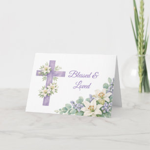 Tarjeta Cruz Floral de Lavanda Personalizada Bendecida y A