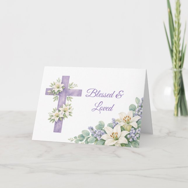 Tarjeta Cruz Floral de Lavanda Personalizada Bendecida y A (Anverso)