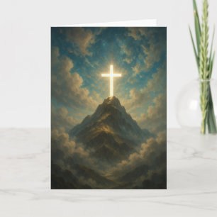 Tarjeta Cruz Religiosa Celestial en una Cima de Montaña