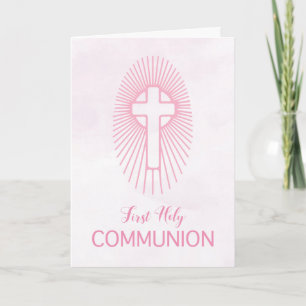 Tarjeta Cruz Rosa Primera Comunión Hostia Rayos