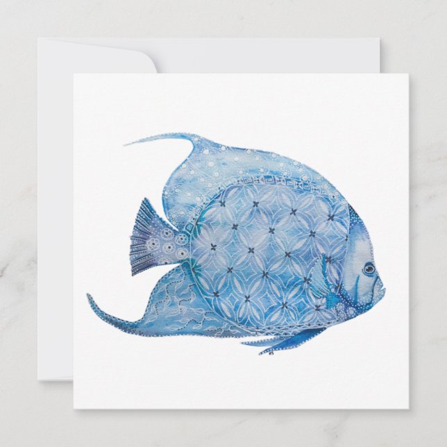 Tarjeta cuadrada azul y blanca de Batik Angelfish (Anverso)