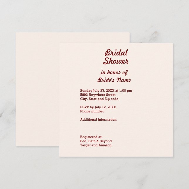 Tarjeta cuadrada de invitación a ducha de novia pe (Anverso / Reverso)