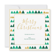 Tarjeta cuadrada de Navidad con árboles verdes y d