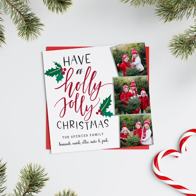 Tarjeta cuadrada del collage de fotos del día de (A whimsical three-photo holiday card in a unique square shape and a classic Christmas color palette.)