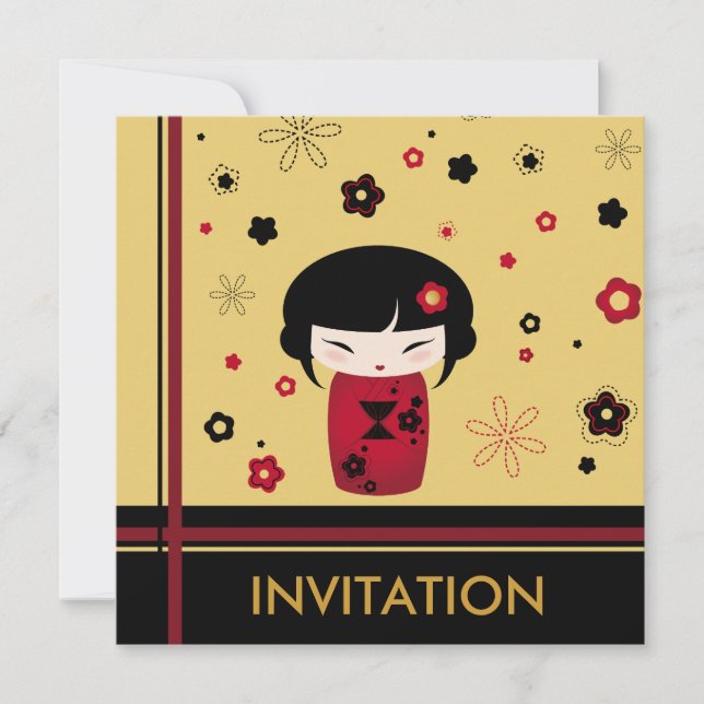 Tarjeta cuadrada roja kokeshi (Anverso)