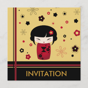 Tarjeta cuadrada roja kokeshi
