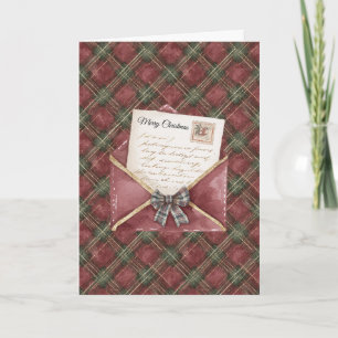 Tarjeta Cuadrados Escoceses Rojos y Verdes Letras Navidad