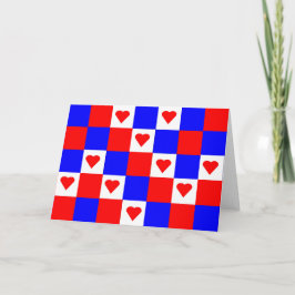 Tarjeta Cuadrados rojo, blanco y azul con corazón rojo