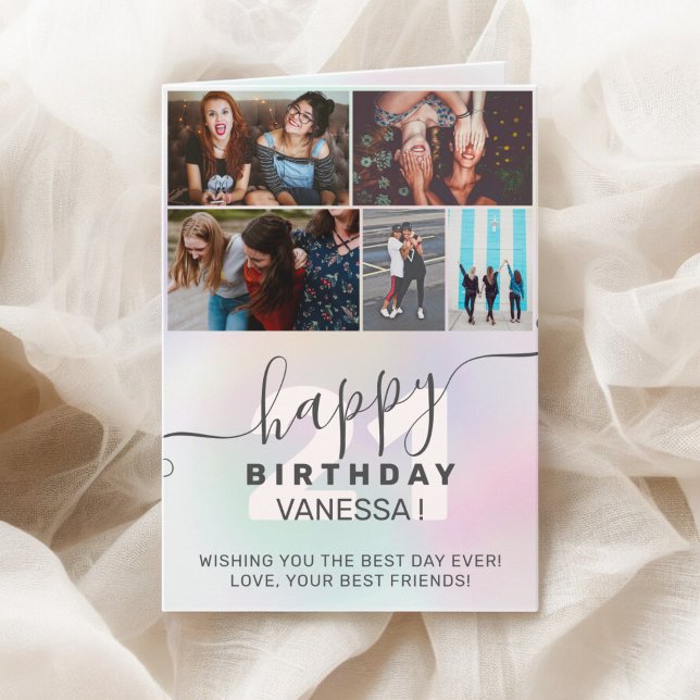 Tarjeta cuadrícula de fotos de cumpleaños holográficas del (Pastel rainbow holographic birthday photos grid card)