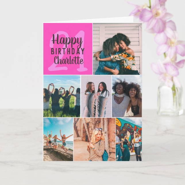 Tarjeta Cuadrícula moderna de fotos en neón rosado de 21 a (Orquídea)