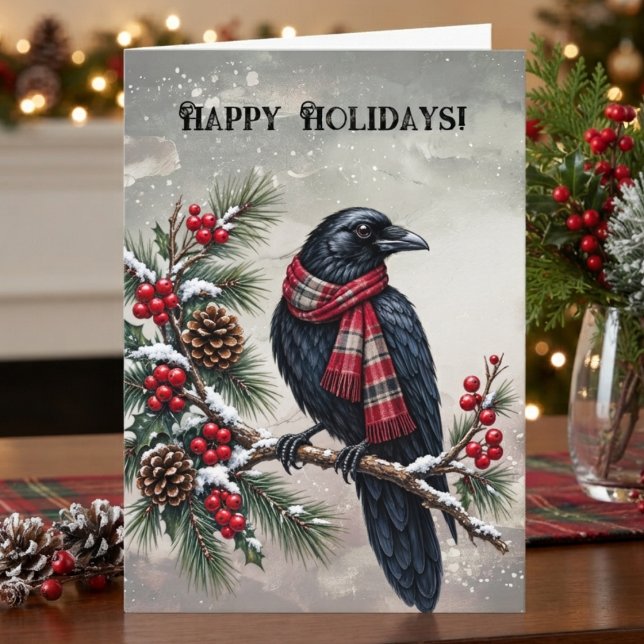 Tarjeta Cuadro Escocés Gótico de Cuervo de Invierno (Scarf-wearing raven holiday greeting card for friends and family.)
