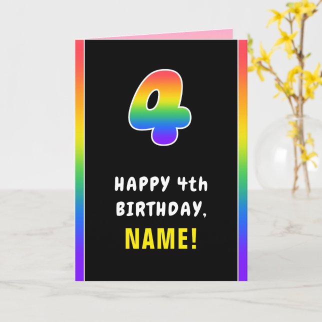 Tarjeta Cuarto cumpleaños: arcoiris colorido # 4, nombre p (flor amarilla)