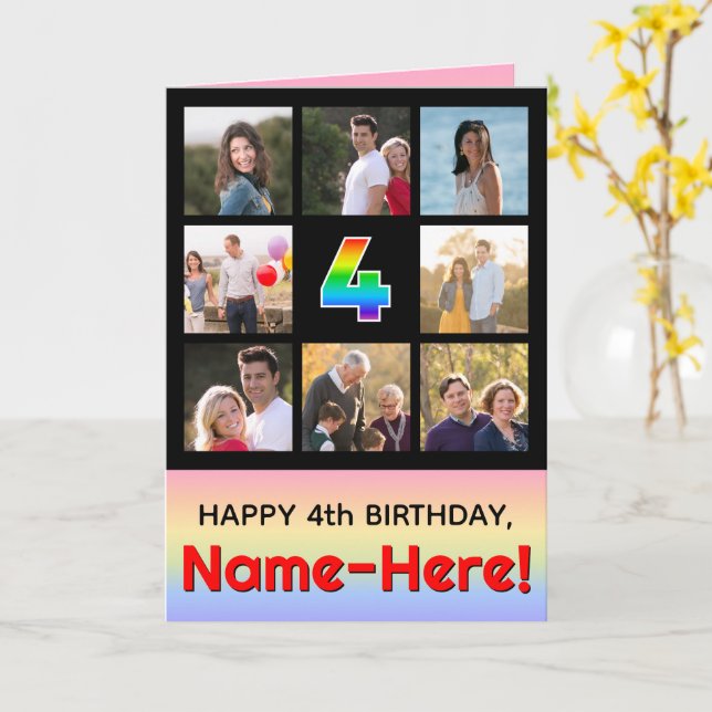 Tarjeta Cuarto cumpleaños: Arcoiris divertido #, fotos Per (flor amarilla)