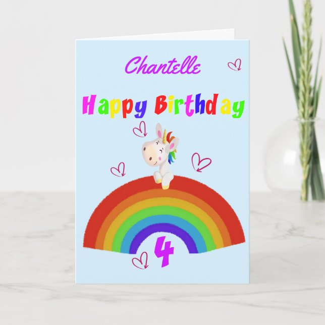 Tarjeta Cuarto cumpleaños de Cute Unicorn (Anverso)
