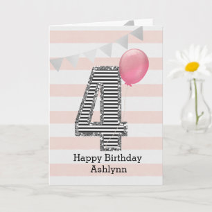 Tarjeta Cuarto cumpleaños purpurina Silver y Rosa
