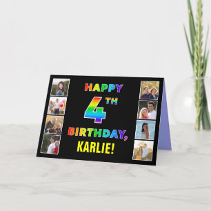 Tarjeta Cuarto cumpleaños: texto arcoiris, fotos y nombre