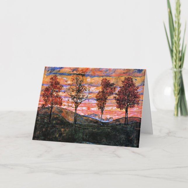 Tarjeta Cuatro árboles, arte de Egon Schiele, (Anverso)
