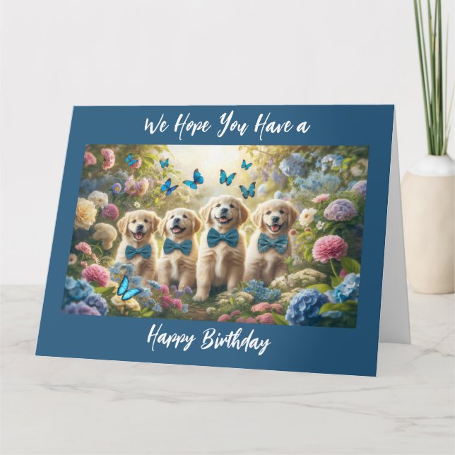 Tarjeta Cuatro Cachorros Golden Retriever con mariposas (Anverso)