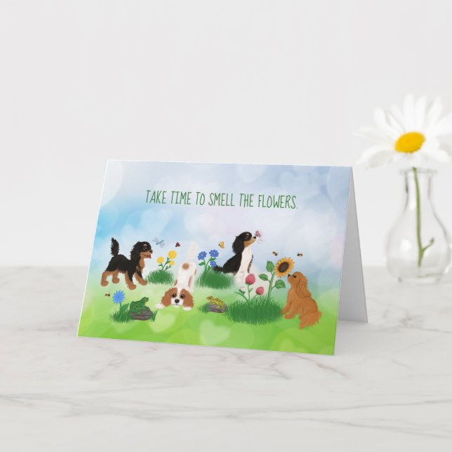 Tarjeta Cuatro grandes españoles en un campo de flores (Planta pequeña)