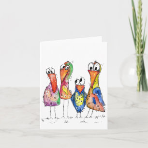 Tarjeta Cuatro pájaros caprichosos y coloridos lindos