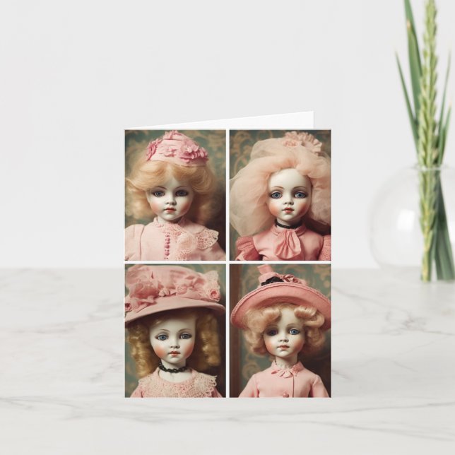 Tarjeta Cuatro vestidos con muñecas de época rosadas y cre (Anverso)