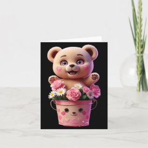 Tarjeta Cubeta de flores coloridas con teddy divertido Uni