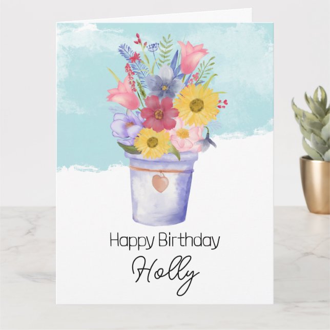 Tarjeta cubo lleno de flores saludos de cumpleaños (Planta pequeña)