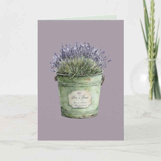 Tarjeta Cubo Verde Blanco Flores Lavanda (Anverso)