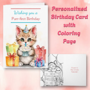 Tarjeta Cue Birthday Cat   Página de color interior