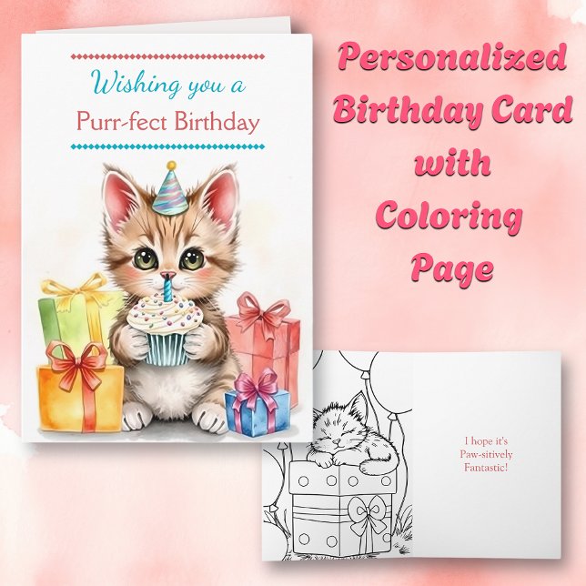 Tarjeta Cue Birthday Cat | Página de color interior (Subido por el creador)
