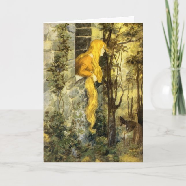 Tarjeta Cuento de hadas vintage, Rapunzel con pelo largo (Anverso)