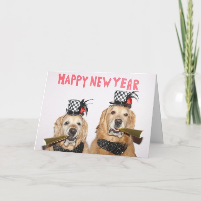 Tarjeta Cuernos de Año Nuevo de Golden Retriever (Anverso)