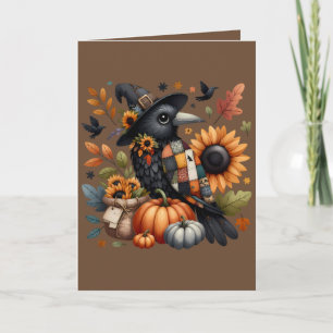 Tarjeta Cuervo Caprichoso con Calabazas y Girasoles
