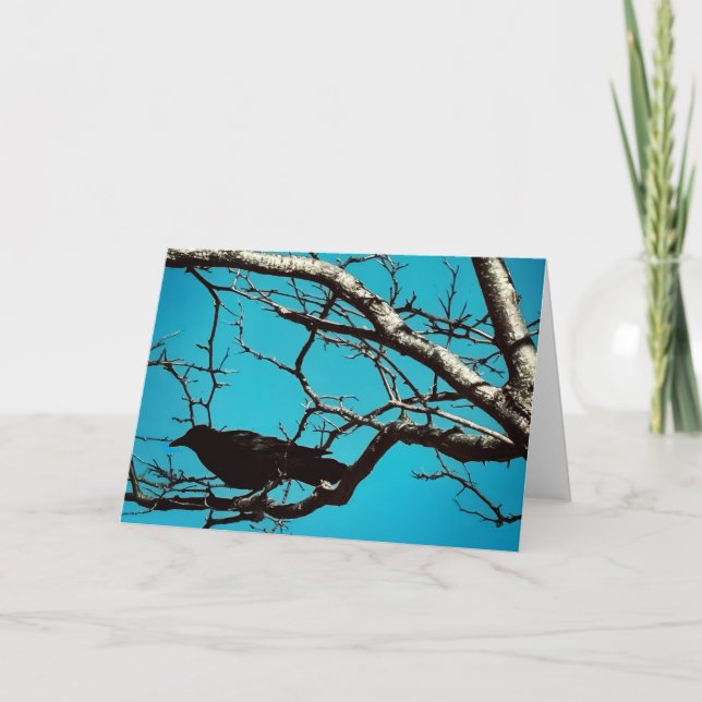 Tarjeta Cuervo Cuervo Pájaro Negro Árbol Plateado Cielo Az (Anverso)