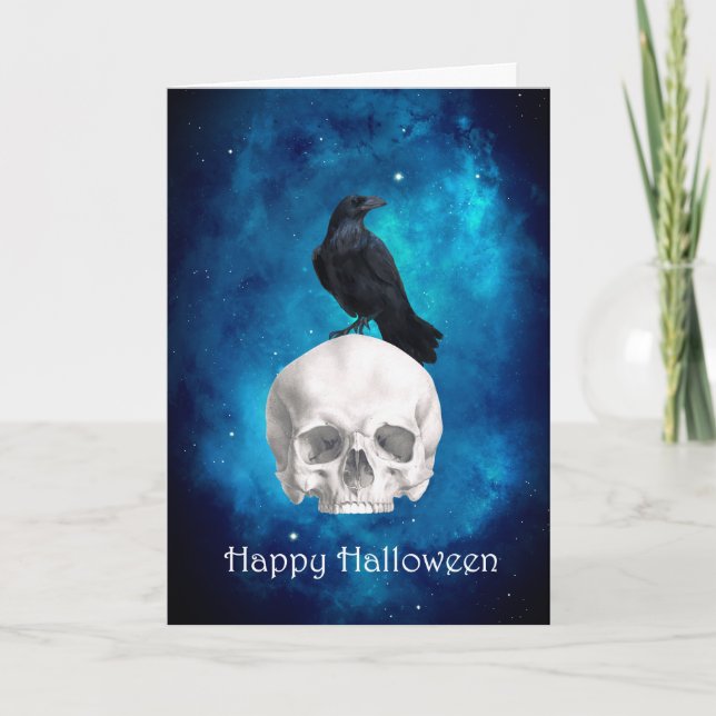 Tarjeta Cuervo de cráneo espeluznante Feliz Halloween (Anverso)