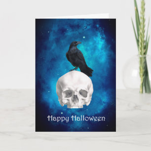 Tarjeta Cuervo de cráneo espeluznante Feliz Halloween