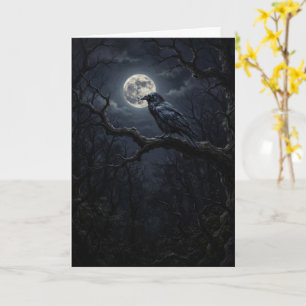 Tarjeta Cuervo en rama de árbol bajo luna llena gótico