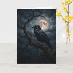 Tarjeta Cuervo en rama de árbol bajo luna llena gótico