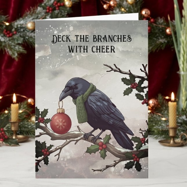 Tarjeta Cuervo Gótico Invierno (Gothic raven holiday card for alternative friends celebrating a moody winter Christmas.)