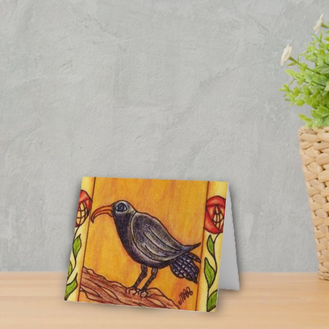 Tarjeta Cuervo Notecard del art déco (Black crow on branch red abstract flowers on golden yellow notecards.)