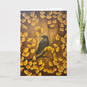 Tarjeta Cuervo y hojas de Ginkgo