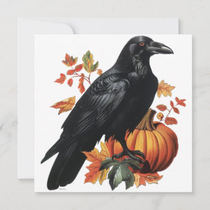 Tarjeta Cuervo y hojas de otoño de Halloween vintage