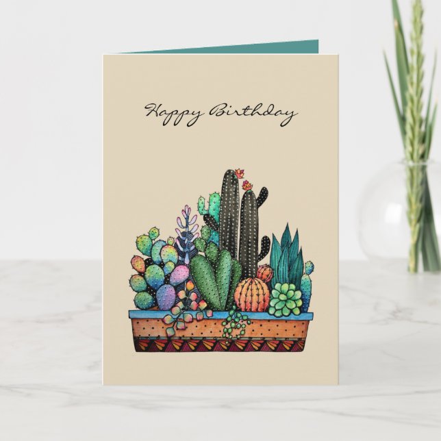 Tarjeta Cuidada Acuarela Cactus Jardín En Hermosa Pota (Anverso)