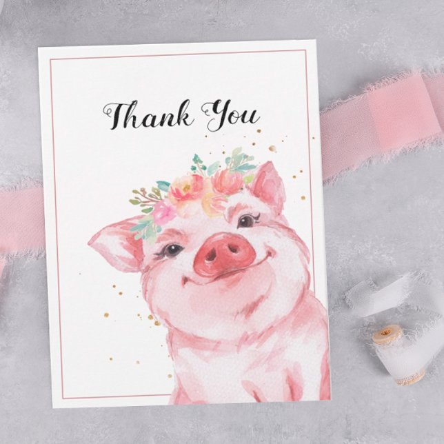 Tarjeta Cuidada Acuarela Cerdo Gracias (A thank you card decorated with an adorable watercolor pig.)