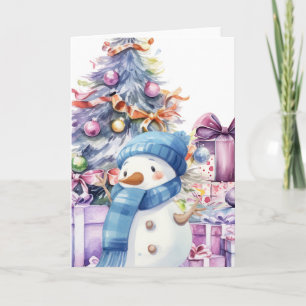 Tarjeta Cuidada acuarela Snowman con Blue Scarf & Xmas Tre