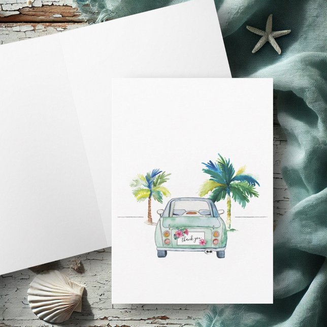 Tarjeta Cuidada Coche Tropical Florida Acuarela Inspirador (Tropical palm tree and car thank you card watercolor art by Victoria Grigaliunas of Do Tell A Belle)