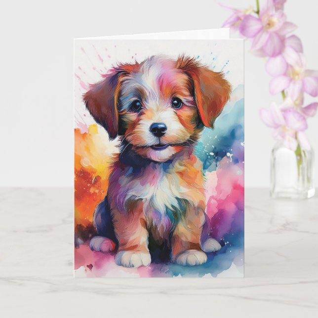 Tarjeta Cuidada colorida acuarela Puppy Blank (Orquídea)