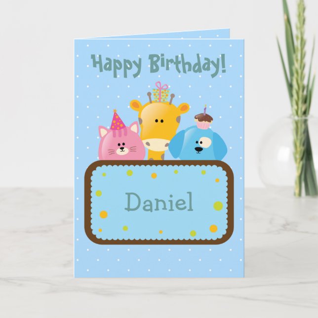 Tarjeta Cuidada jirafa de cumpleaños feliz, perro y gato (Anverso)